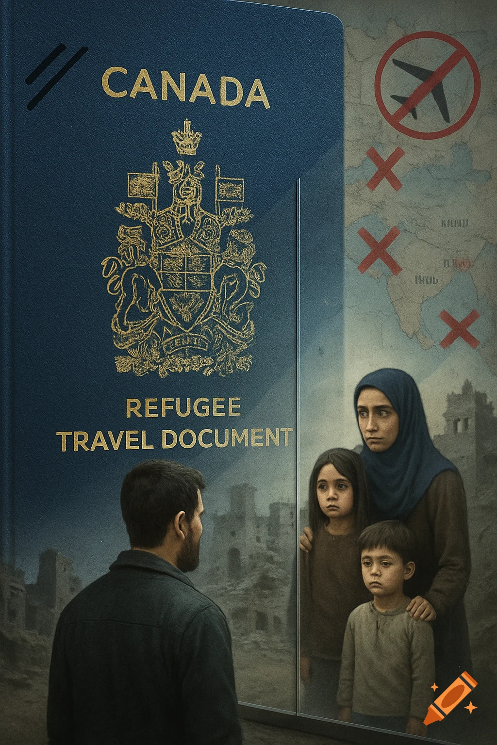 A man looks at a Canadian Refugee Travel Document, which reflects a woman in a hijab and two children, with a war-torn city and a map with red X's in the background.