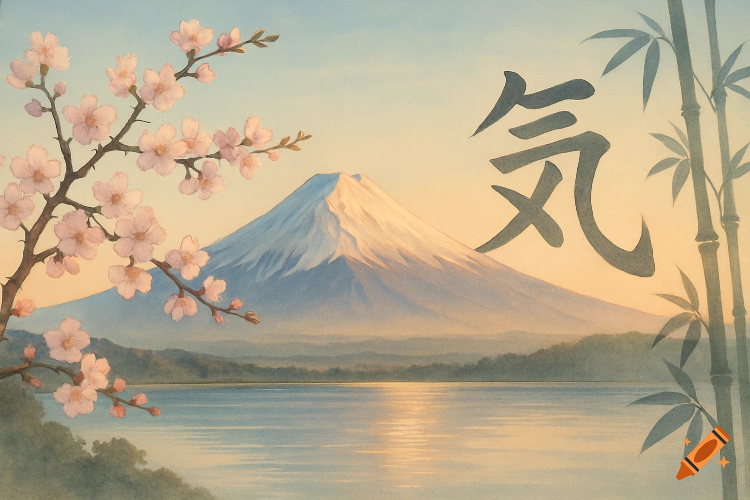 Watercolor painting of Mount Fuji with cherry blossoms, a serene lake, bamboo, and the Japanese character 'ki'.