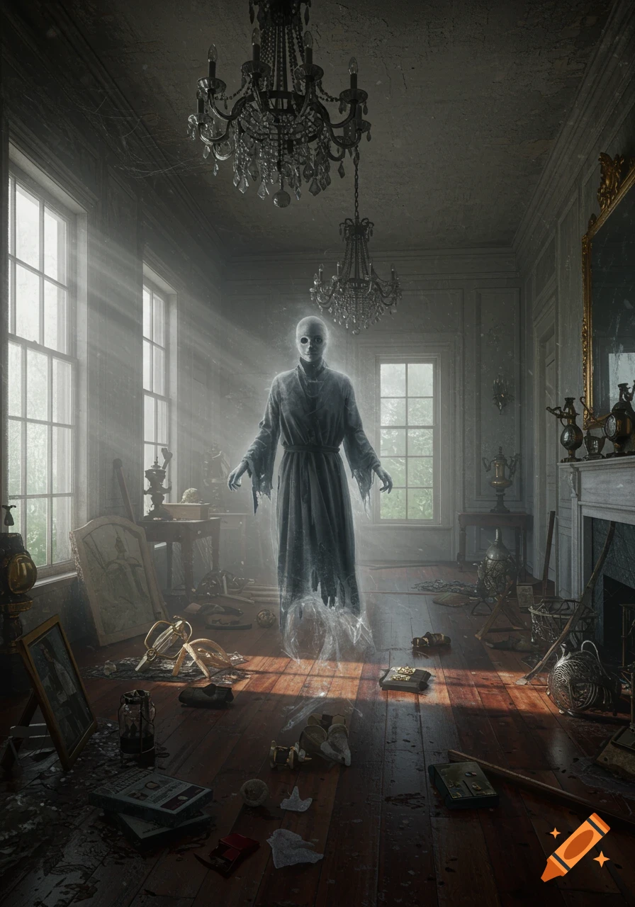 A photorealistic image of a translucent ghost in a decaying, abandoned mansion room with chandeliers and scattered furniture.