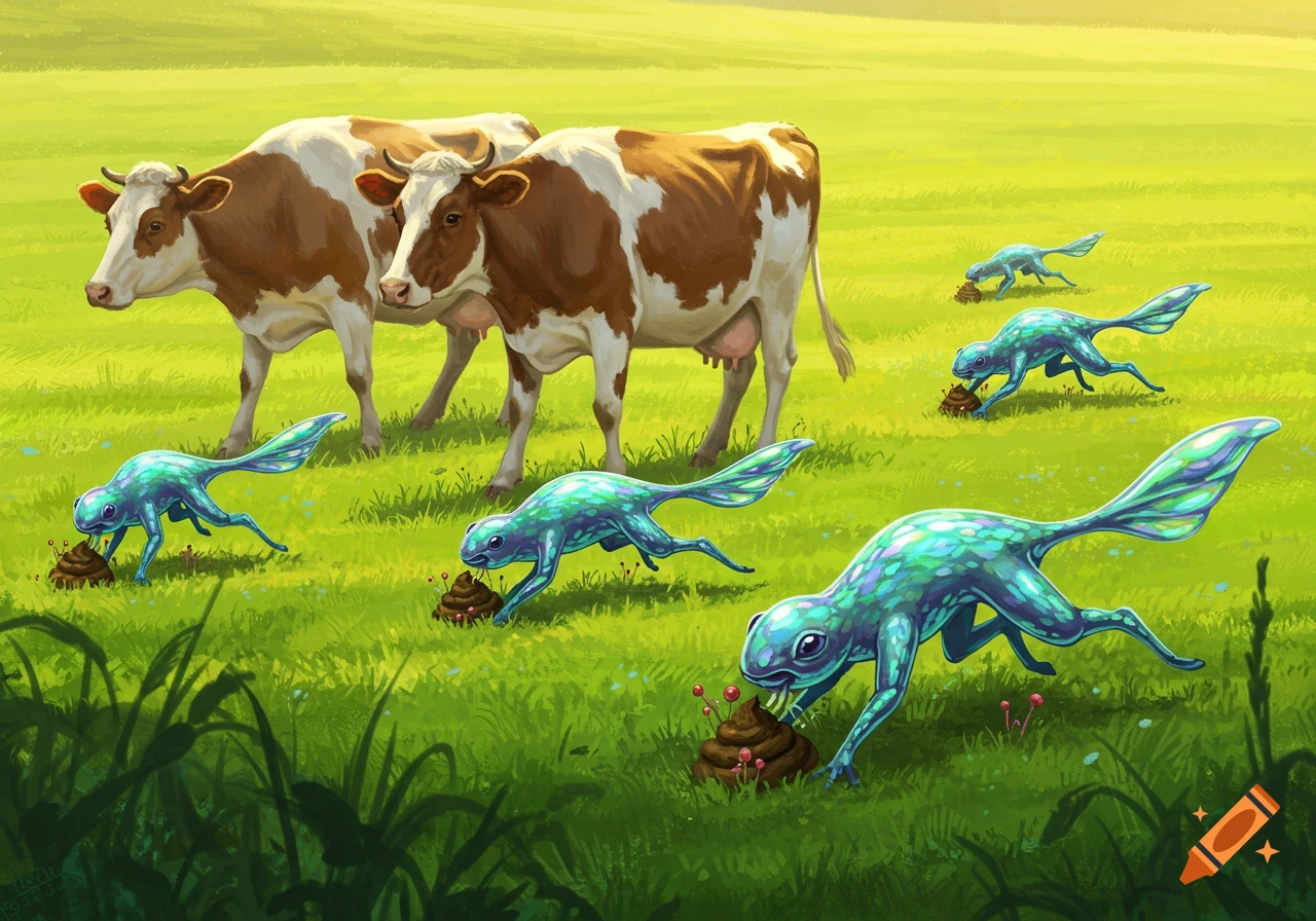 Two brown and white cows graze in a sunlit green pasture as iridescent blue-green lizard-like creatures feed on fungi in cow dung.