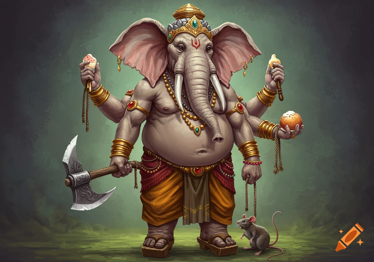 Stylized Ganesha, elephant-headed Hindu deity with four arms, holding an axe, sweets, and rope, accompanied by a mouse.