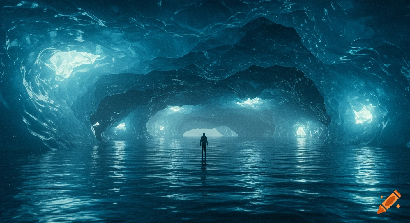 A lone person stands in a vast, ethereal blue ice cave filled with still water reflecting the glowing ice formations.