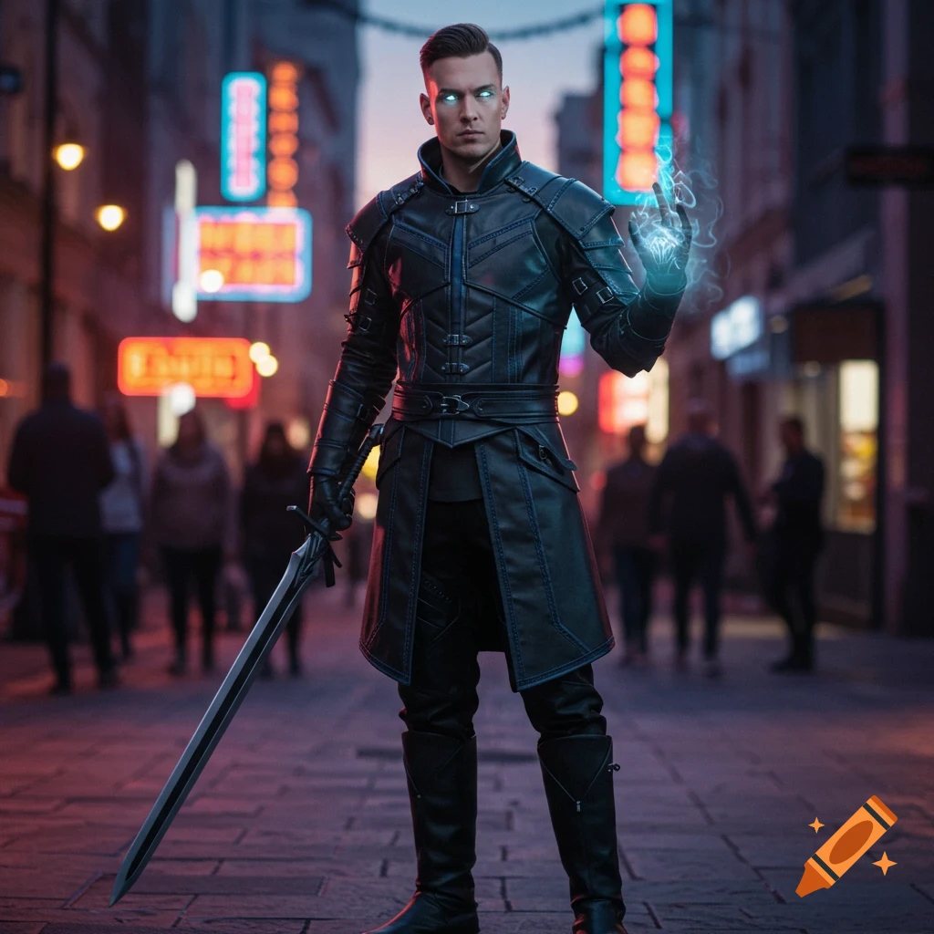 A male character in dark leather armor, holding a sword and casting blue magic, stands on a neon-lit urban street at night.