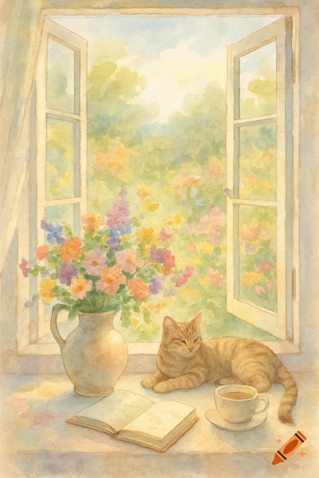 A ginger cat rests on a windowsill with an open book and tea cup, overlooking a blooming garden through an open window, in a watercolor style.