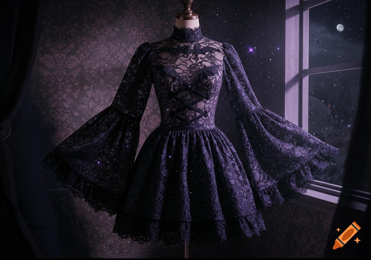 A dark gothic lace dress with bat motifs and bell sleeves on a mannequin, by a window under a starry, moonlit sky.
