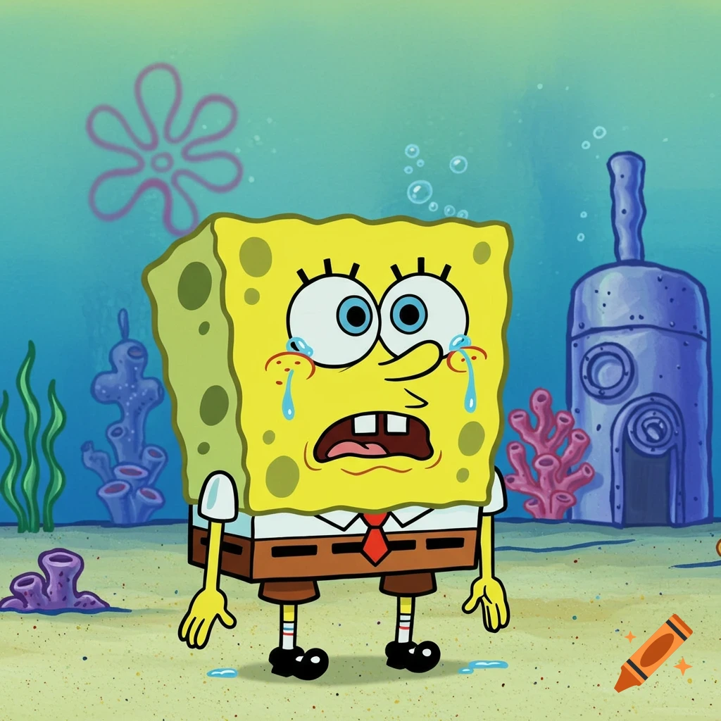 A crying Spongebob Squarepants stands on the sandy ocean floor in a cartoon style.