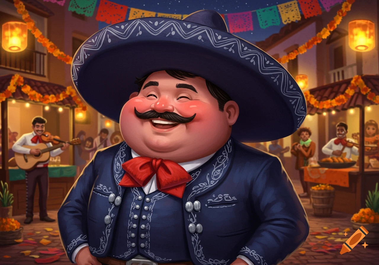 A portly, smiling man in a dark blue mariachi suit and a wide sombrero stands in a festive Mexican street scene with lanterns and banners.