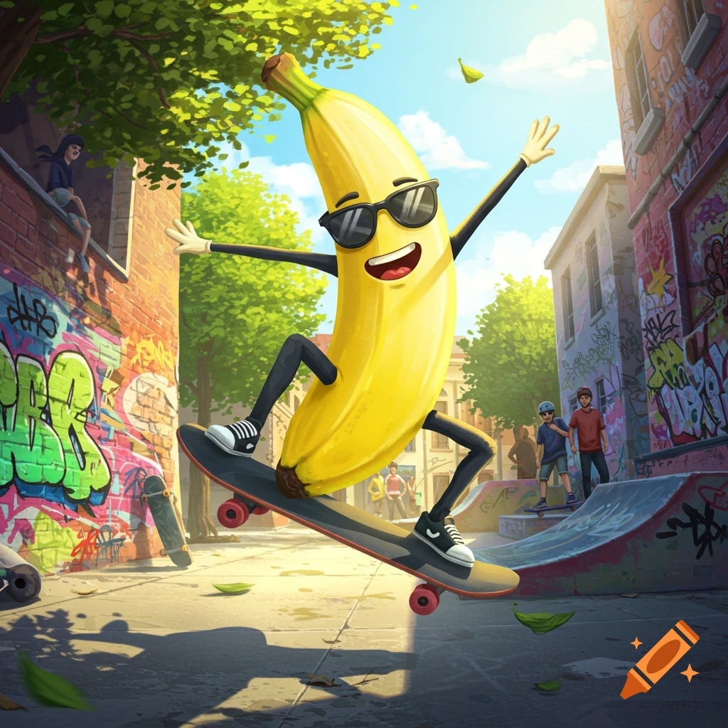 A cool cartoon banana character with sunglasses and a big smile skateboards in a vibrant, graffiti-covered urban skate park.