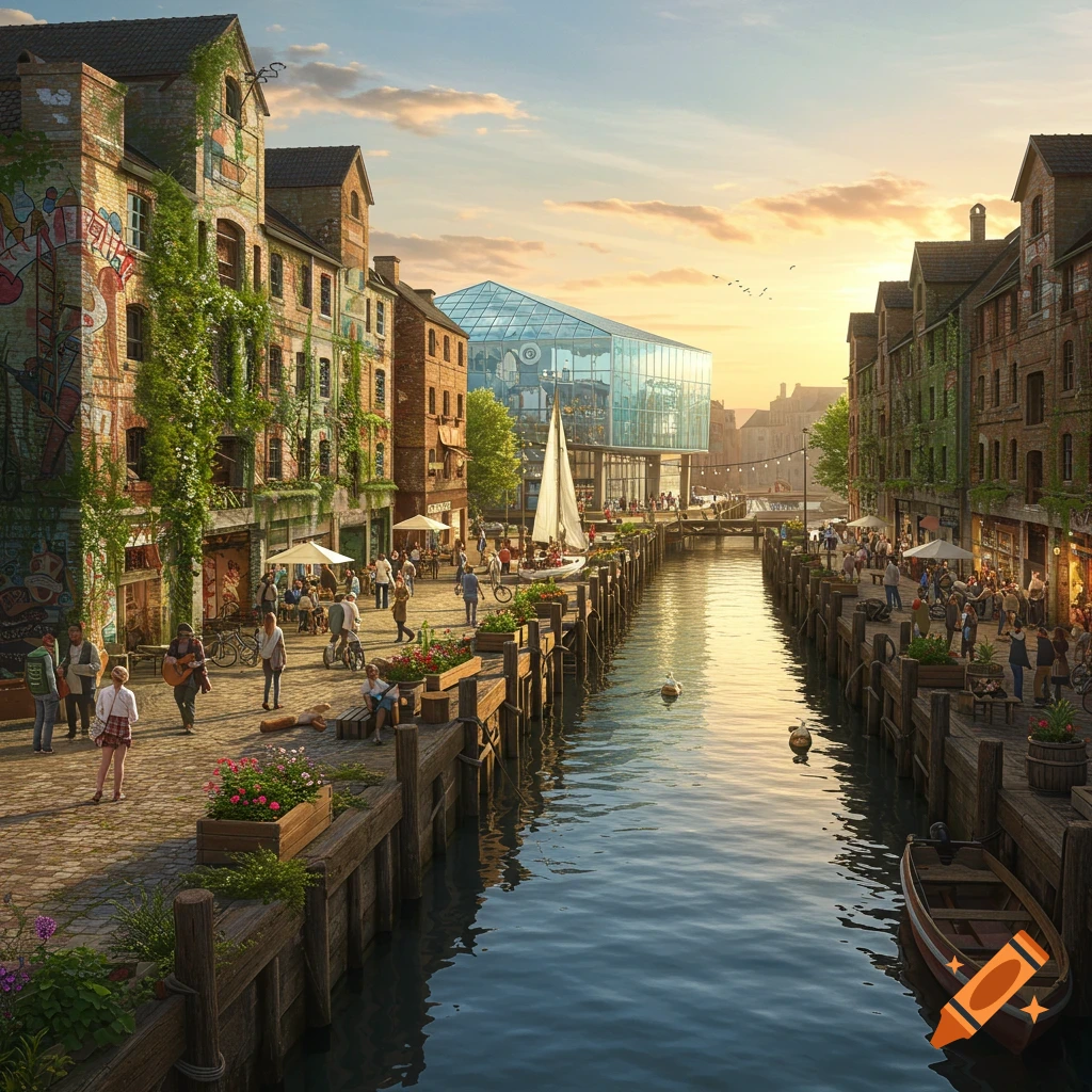 A vibrant urban harbor at sunset, blending old brick buildings with modern glass architecture, bustling with people and boats along a canal.