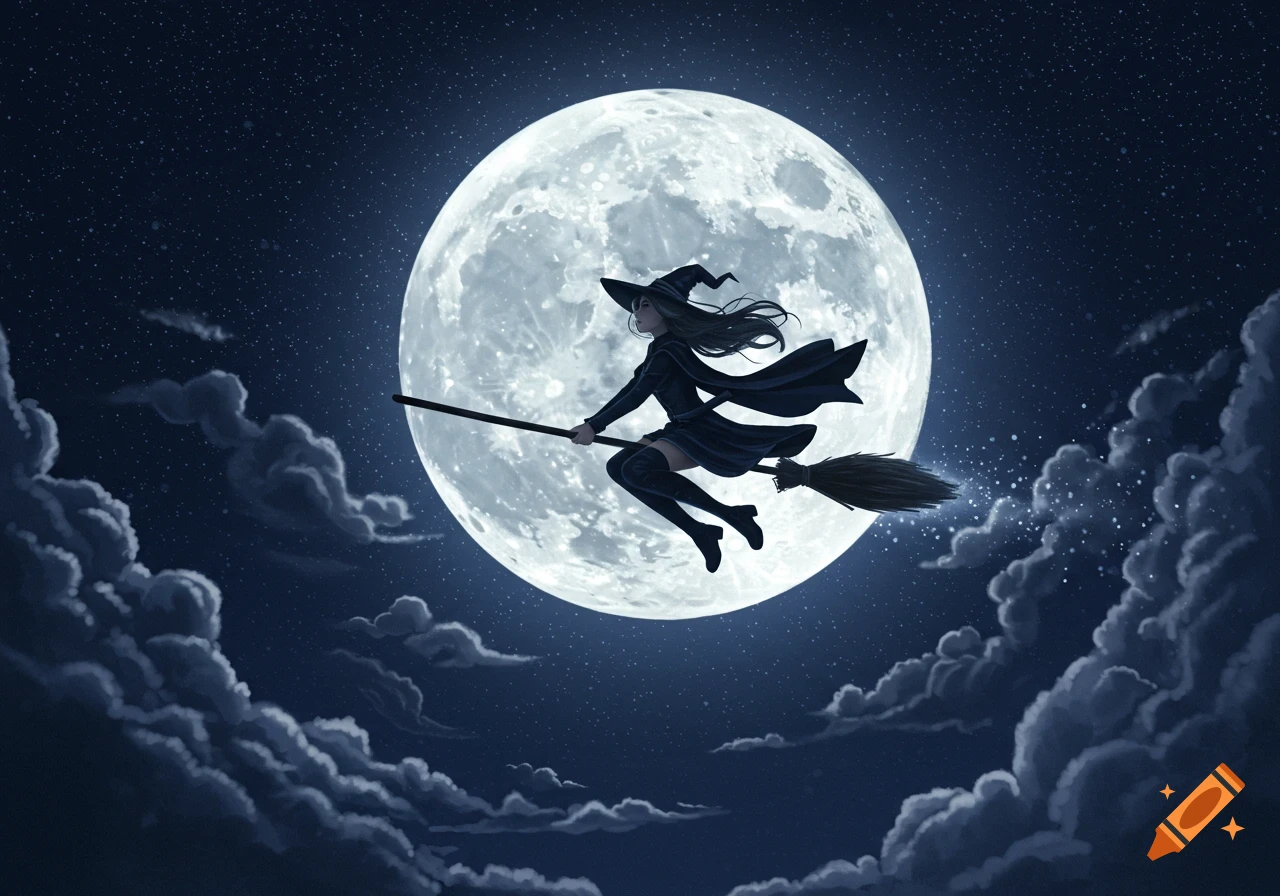 An illustration of a witch flying on a broomstick in front of a full moon against a starry night sky.