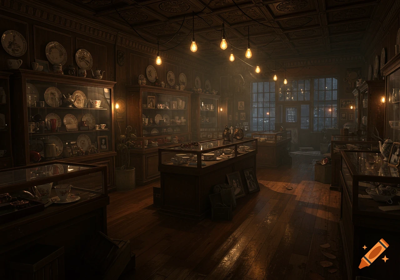 Photorealistic view of a dimly lit, ornate antique shop interior at night, with glass cases, vintage collectibles, and string lights.