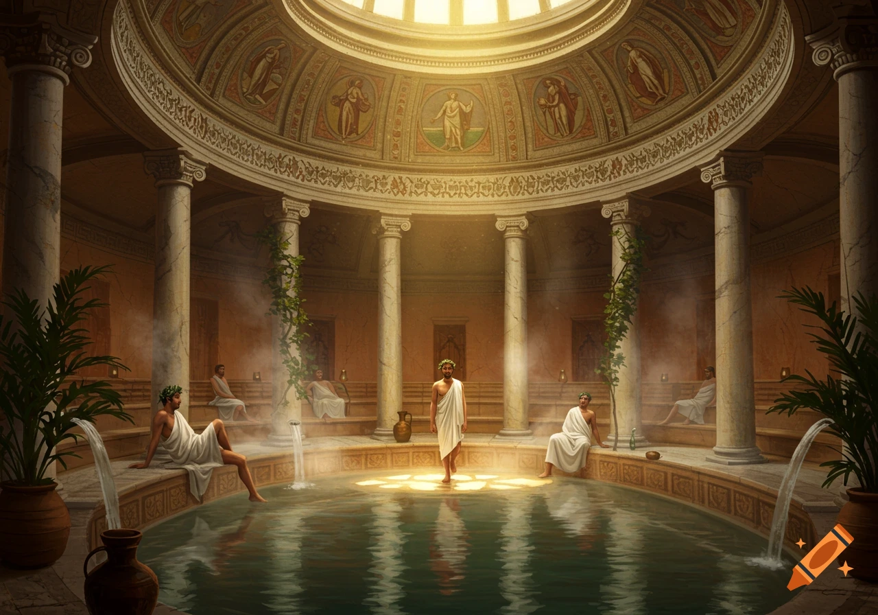 Men relax in a sunlit ancient Roman bathhouse with a domed ceiling, columns, mosaics, and a central pool.