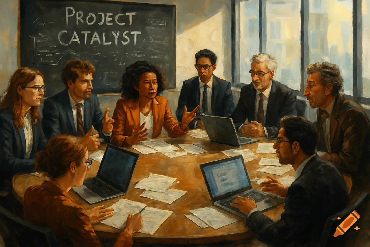 Diverse professionals debate at a conference table with laptops and papers, 'PROJECT CATALYST' on a blackboard, painted style.