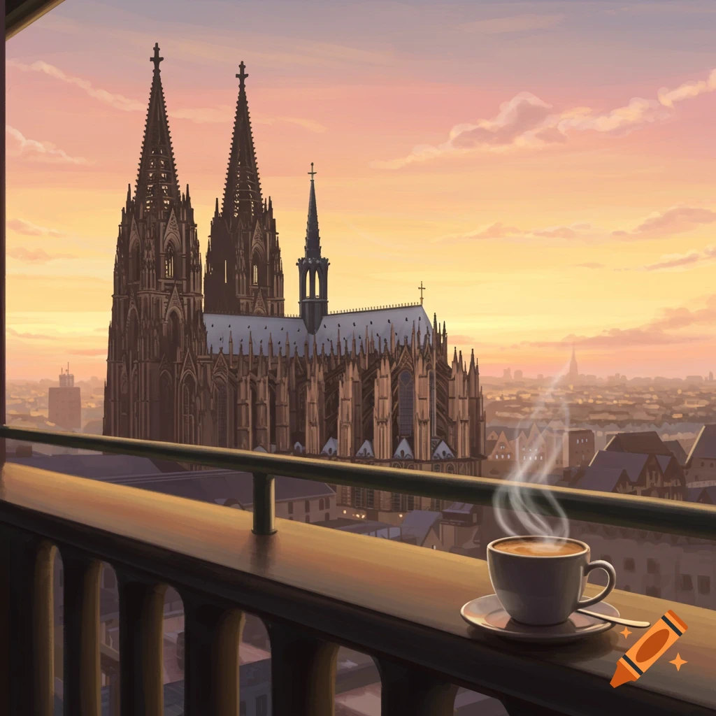 An illustration of the Cologne Cathedral at sunrise viewed from a balcony with a steaming cup of coffee.