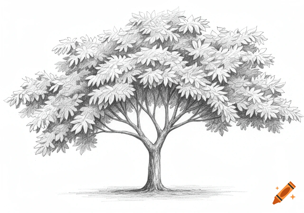 A detailed pencil drawing of a deciduous tree with a full, leafy canopy and visible trunk, casting shadows.
