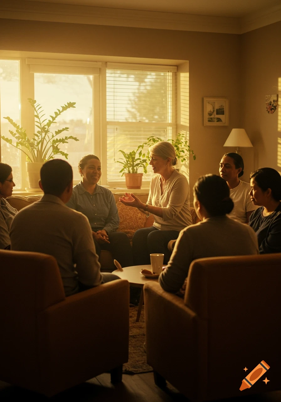 A diverse group of people gathered in a cozy, sunlit room, engaged in conversation, in a photorealistic style.