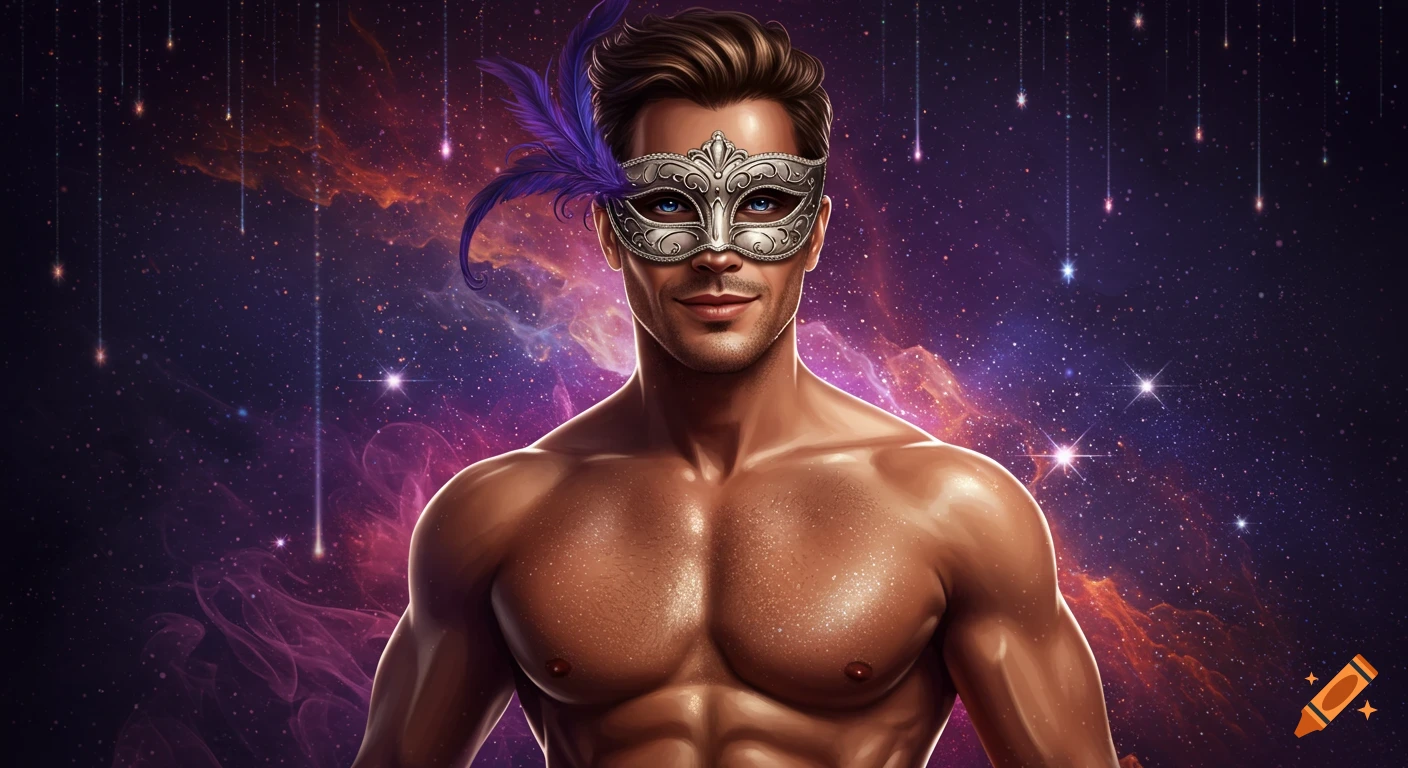 A shirtless man with a muscular physique wears an ornate silver masquerade mask with a purple feather, set against a vibrant galaxy background.