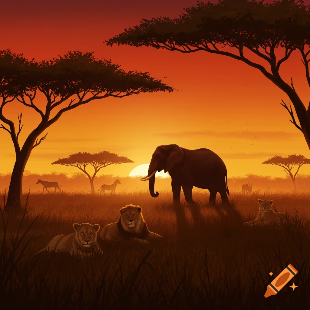 A stylized illustration of a safari sunset with an elephant, lions, and zebras silhouetted against an orange sky.