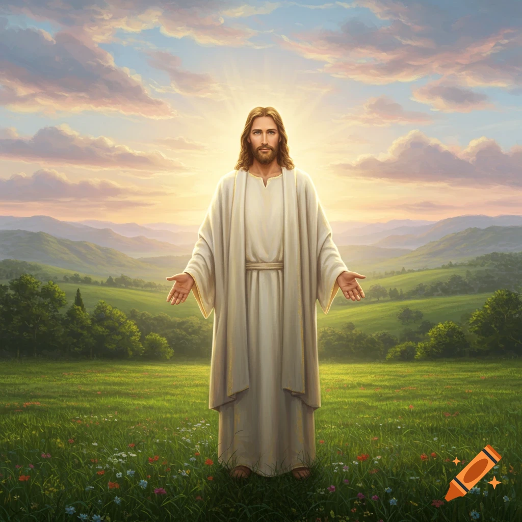Jesus Christ in a white robe with outstretched arms, standing in a vibrant green field under a radiant sky at sunrise.