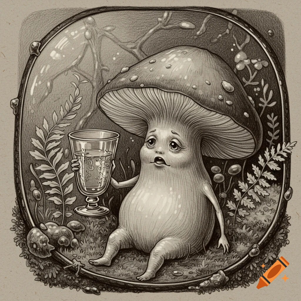 A sad, anthropomorphic mushroom creature sits, holding a glass of water, in a detailed pencil drawing style.