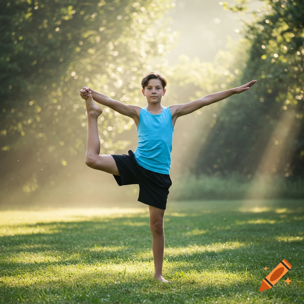A young boy in a blue tank top performs a Y-balance yoga pose in a sunny park.
