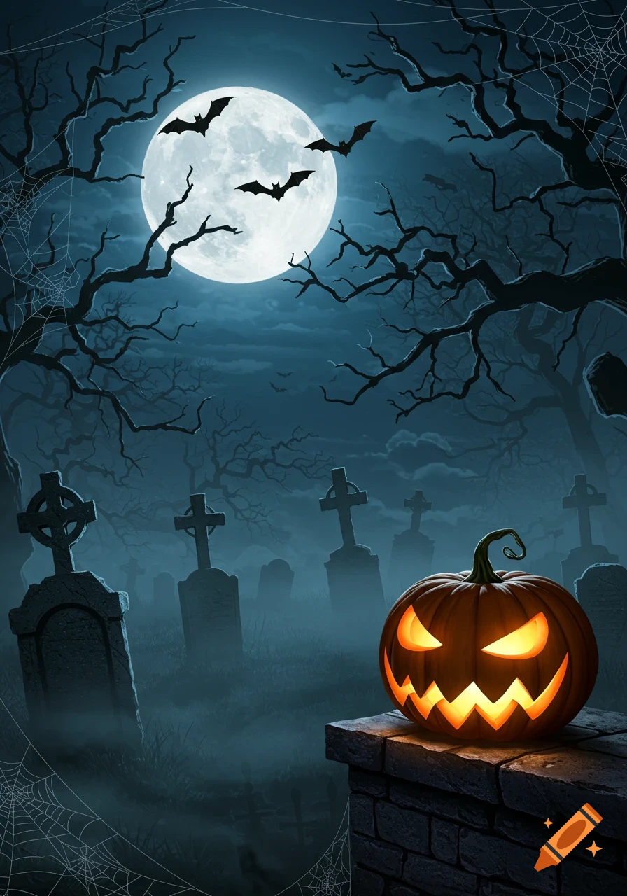 Spooky Halloween night scene in a graveyard with a glowing jack-o'-lantern, gravestones, bare trees, and bats flying by a full moon.