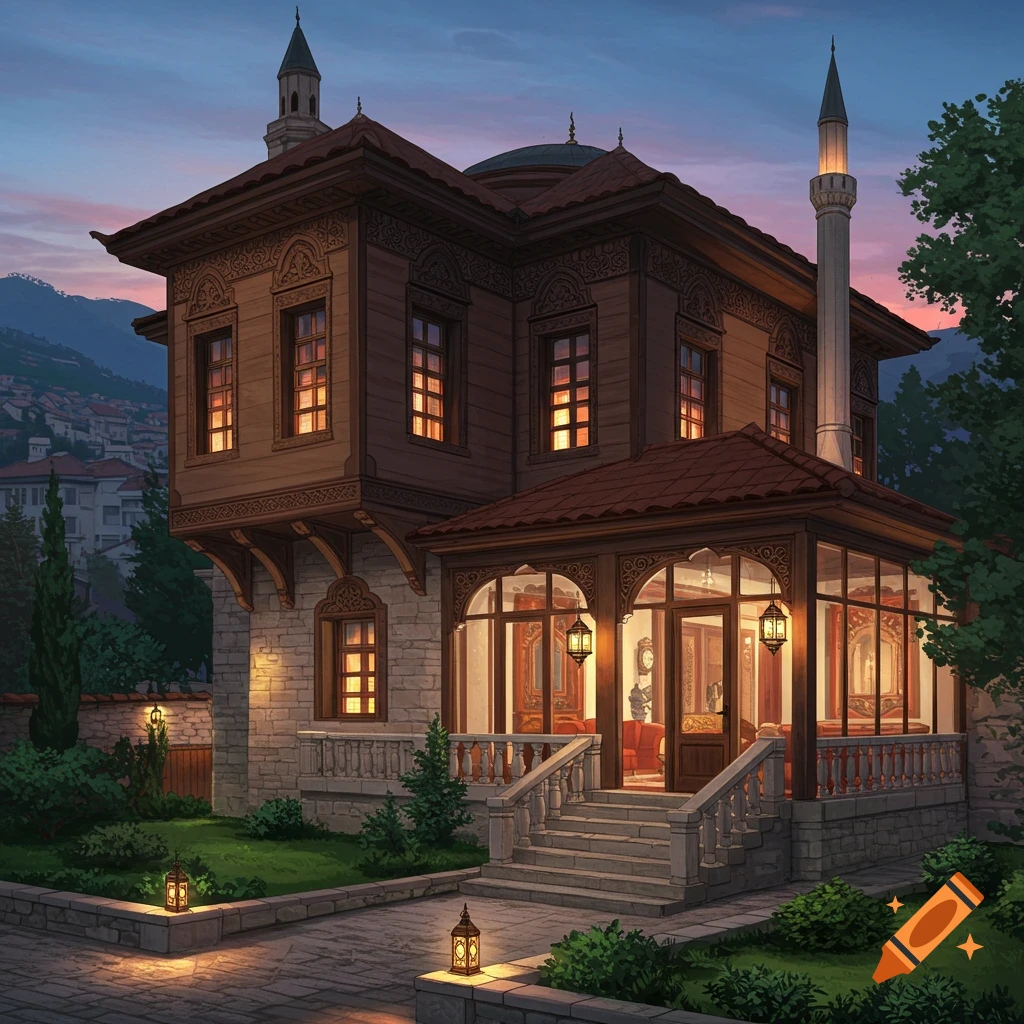 An illustration of a traditional Bosnian-style house with a minaret, glowing windows, a stone facade, and a landscaped garden at dusk.