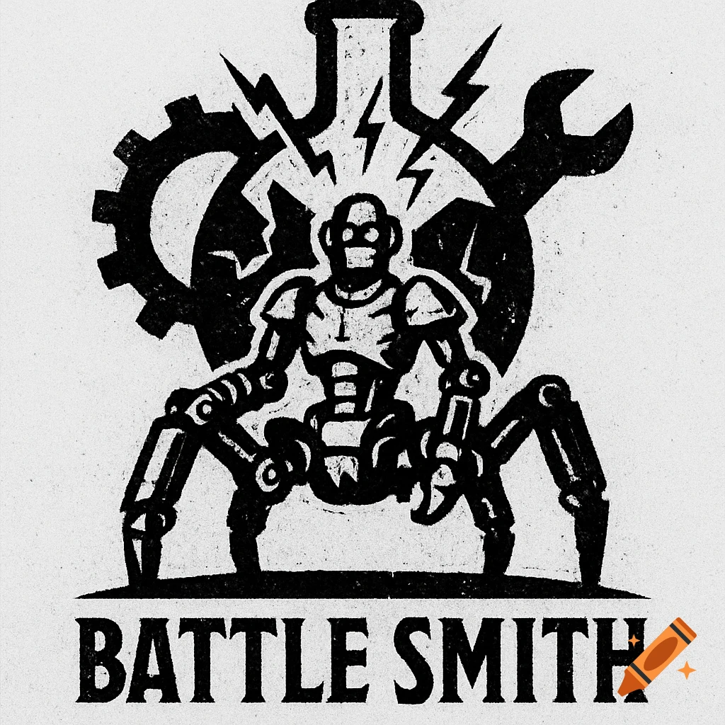 Black and white emblem of a spider-robot, lightning, gear, wrench, and flask with 'BATTLE SMITH' text.