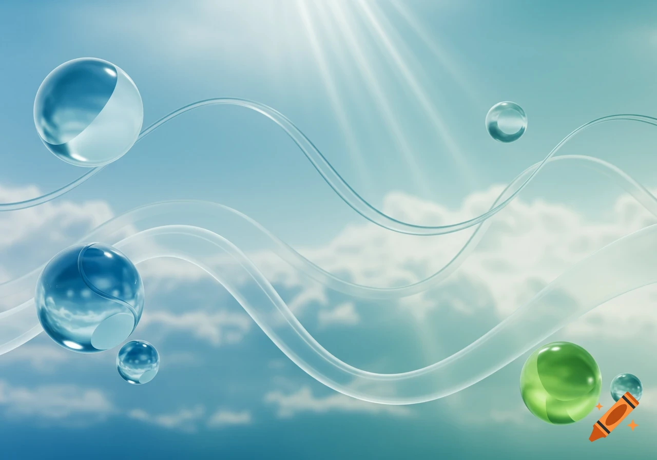 Glossy blue and green spheres and transparent ribbons float against a bright blue sky with soft clouds in a Frutiger Aero style.