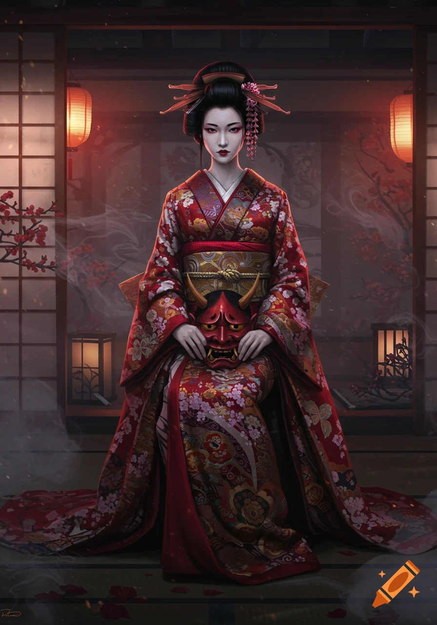 A realistic digital painting of a Japanese woman in a red kimono sitting, holding a red Oni mask in a dark traditional room with lanterns and cherry blossoms.