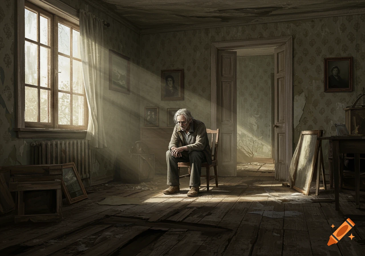 A weary old man sits alone on a chair in a dilapidated, sunlit room of an abandoned house, realistic style.