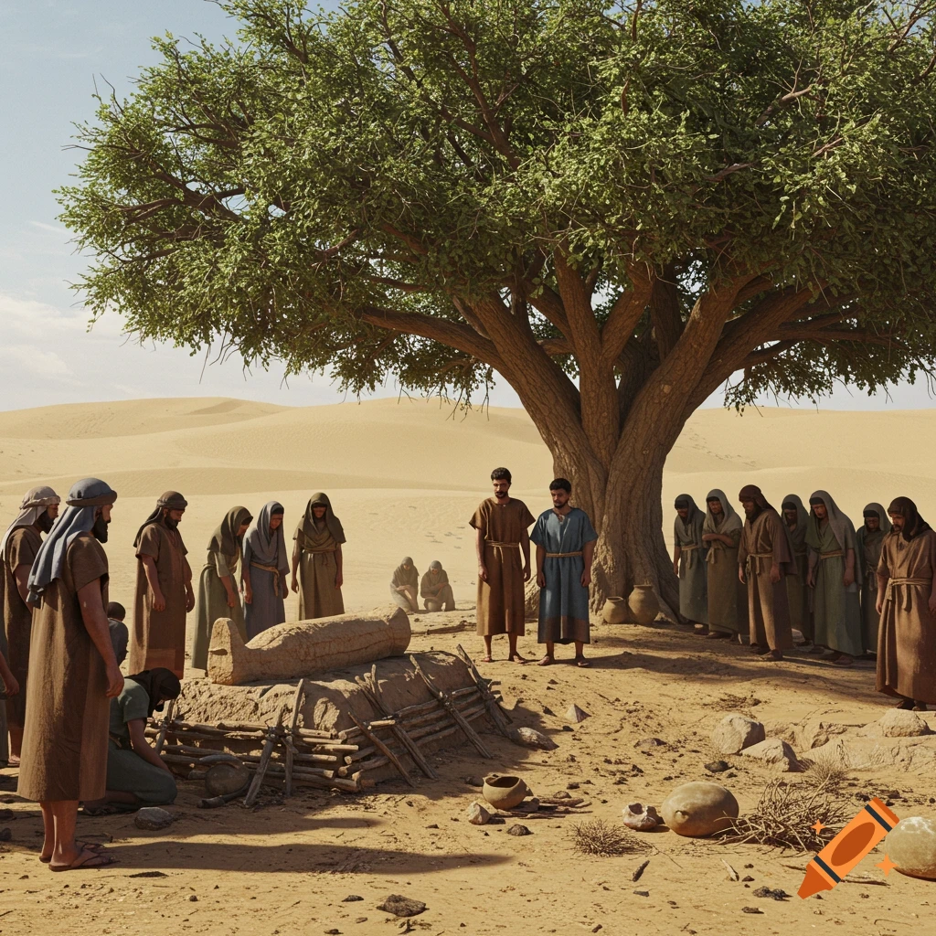 A gathering of robed figures mourn around a burial site beneath a large leafy tree in a vast desert landscape.