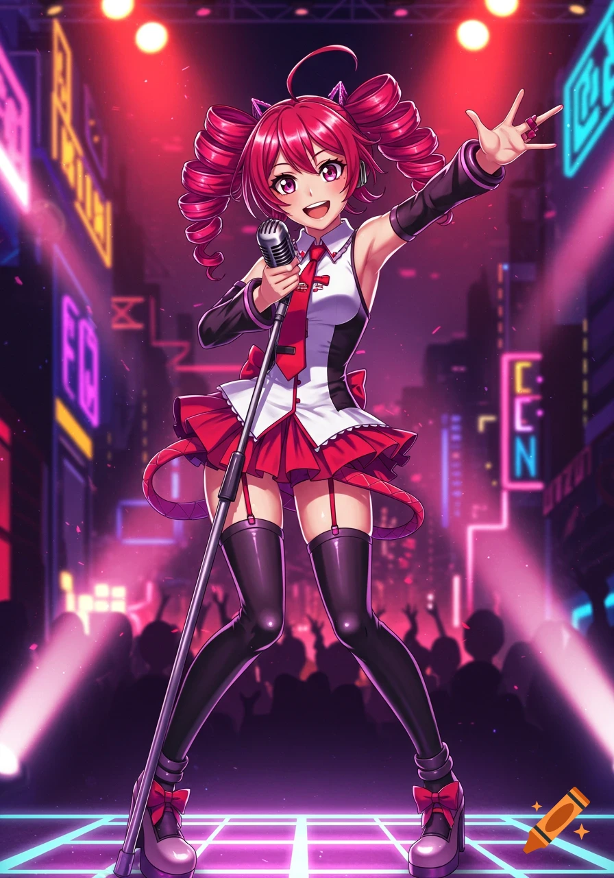 Anime idol with pink pigtails, white and red outfit, sings on a neon-lit stage in a cyberpunk city.