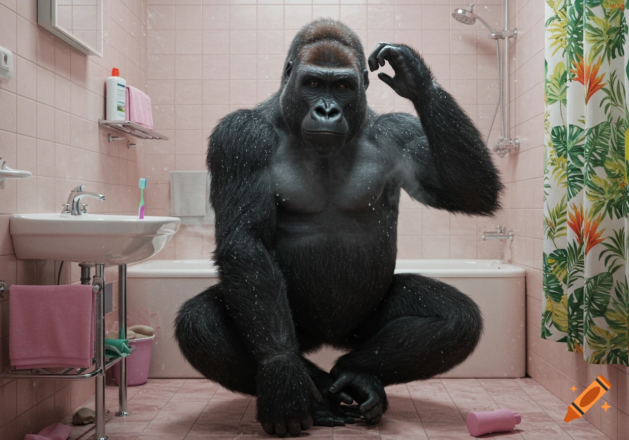 A hyperrealistic gorilla squats on the floor of a pink-tiled bathroom, looking at the viewer. Water droplets cling to its fur.