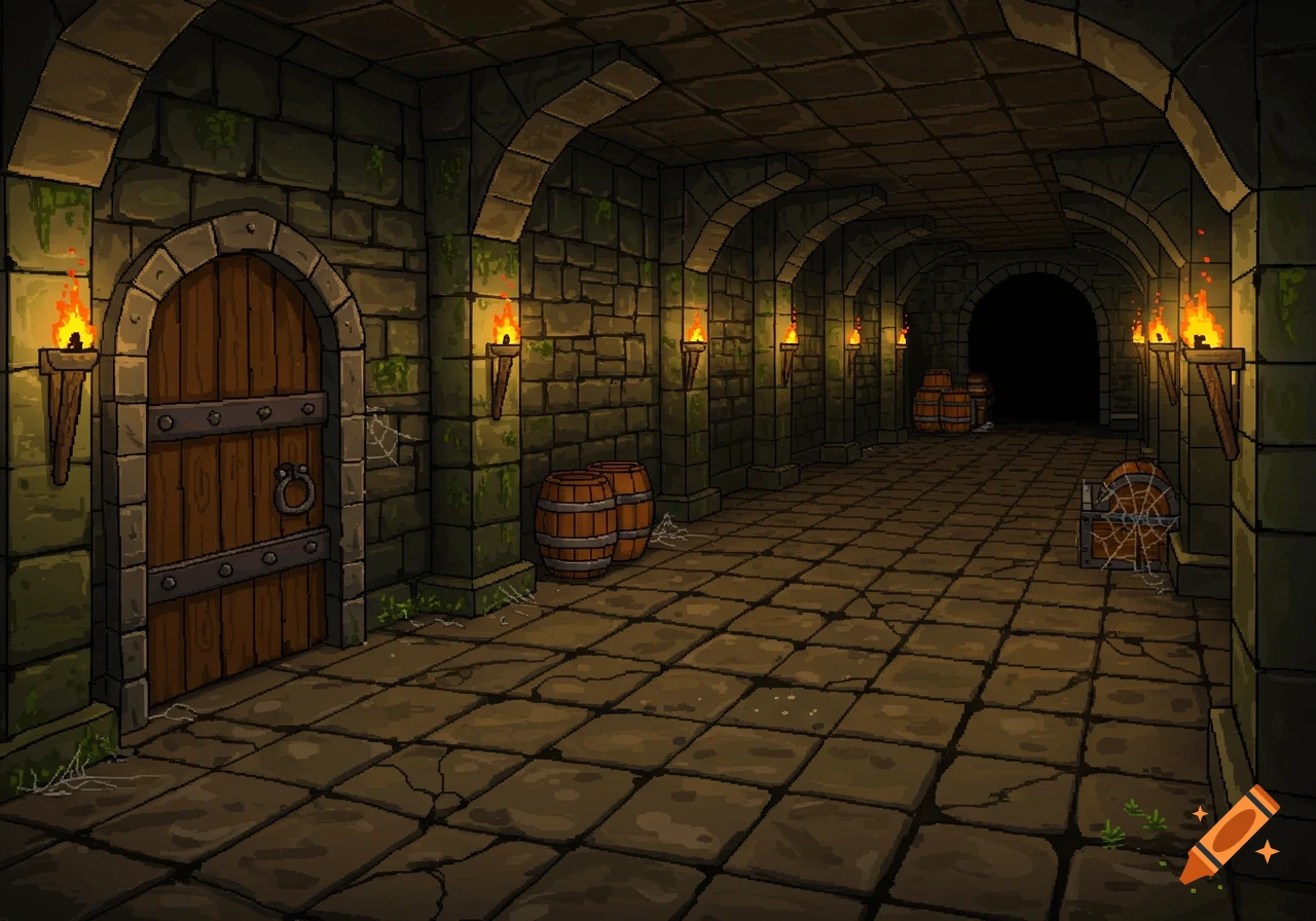 Pixel art of a dark dungeon hallway with stone walls, glowing torches, a wooden door, and barrels.