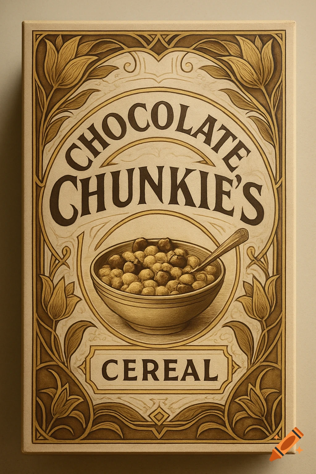 Vintage 1920s illustration of a Chocolate Chunkie's cereal box with a floral design and a bowl of cereal.