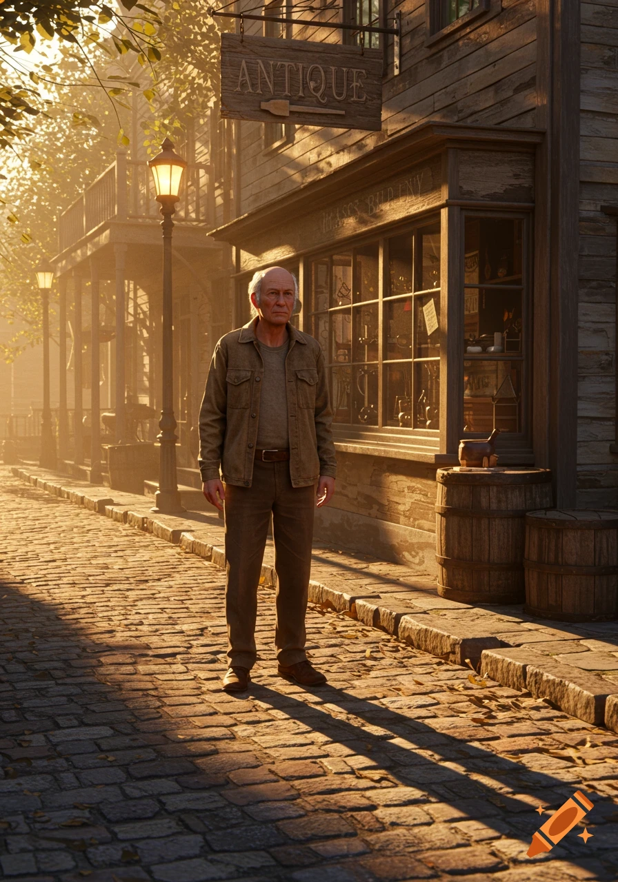 An elderly man in a tan jacket stands on a cobblestone street in warm sunlight, in front of an antique shop, realistic style.