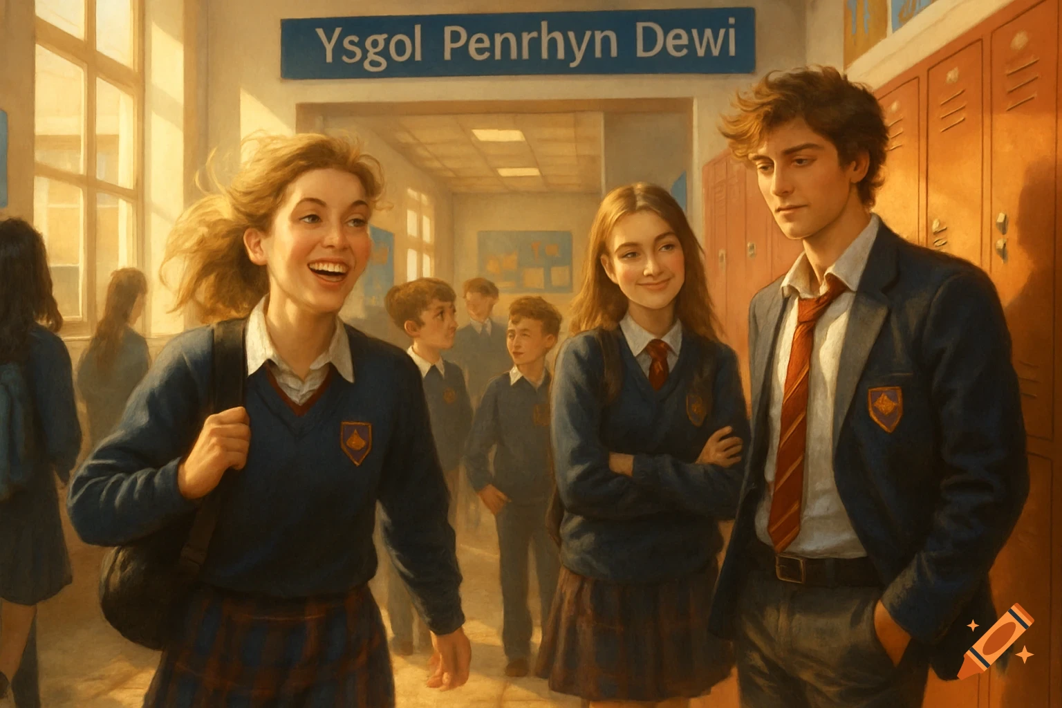 Illustrative painting of three smiling high school students in uniforms in a brightly lit hallway.