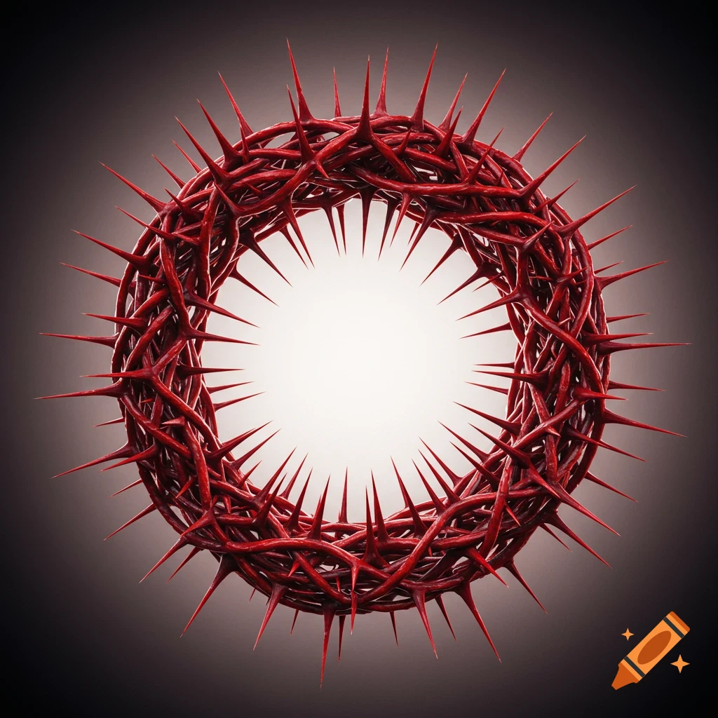 A vibrant red crown of thorns in a circle, with sharp points emanating outwards, set against a dark, glowing background.