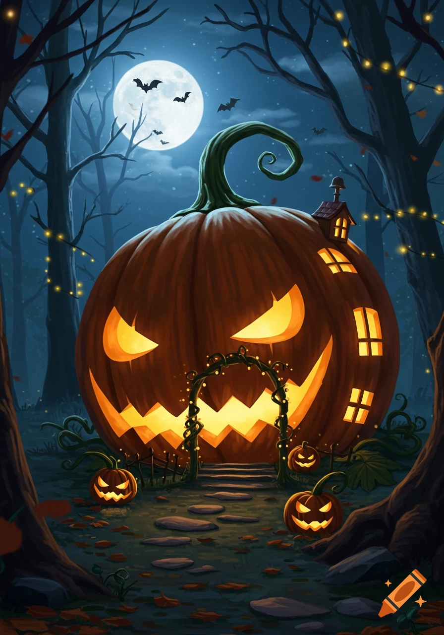 A large, glowing jack-o'-lantern pumpkin, built like a house, sits in a dark, spooky forest under a full moon with bats flying.