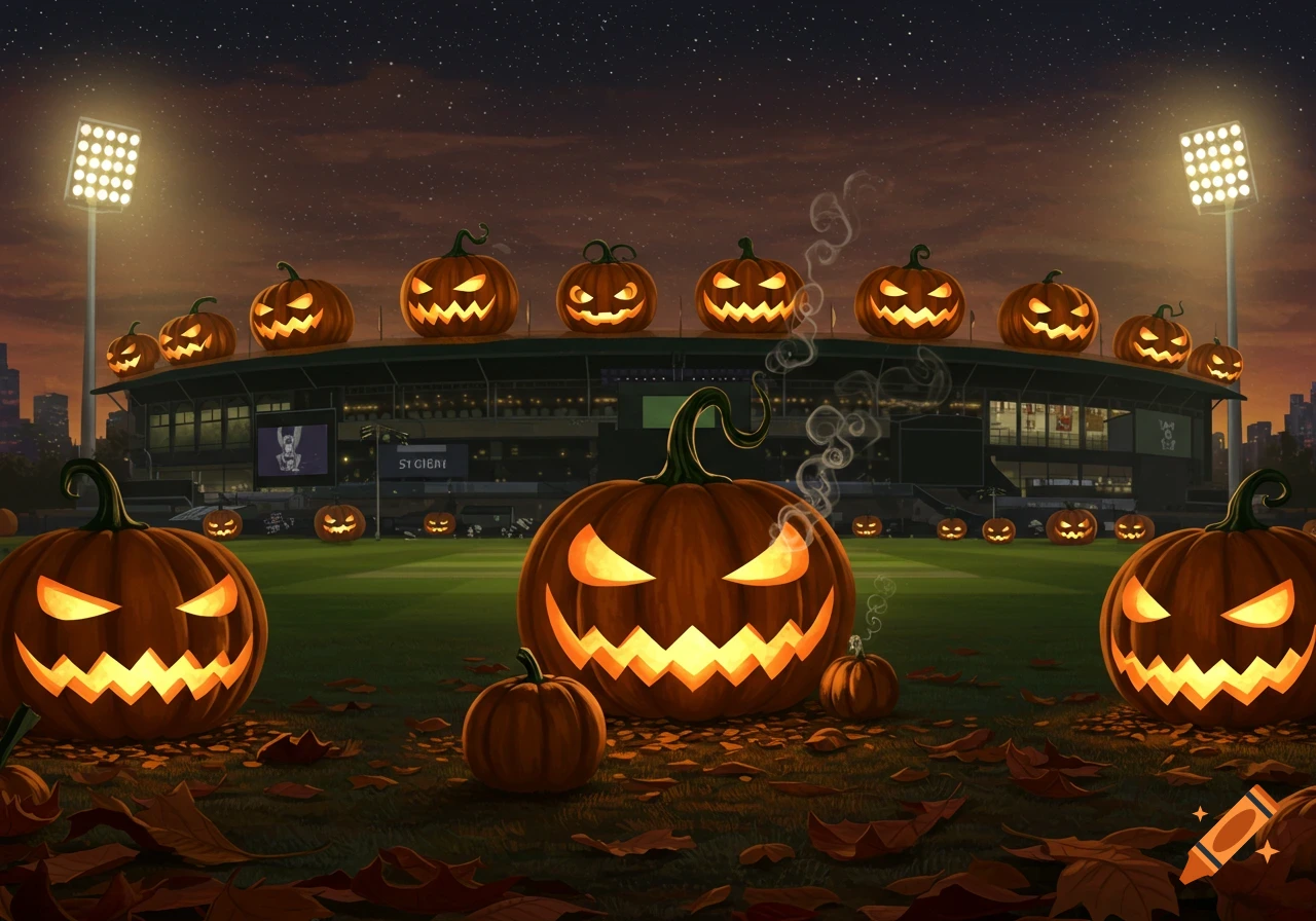 A festive night scene with numerous carved Halloween pumpkins glowing brightly on a grassy field in front of a stadium, illuminated by floodlights.