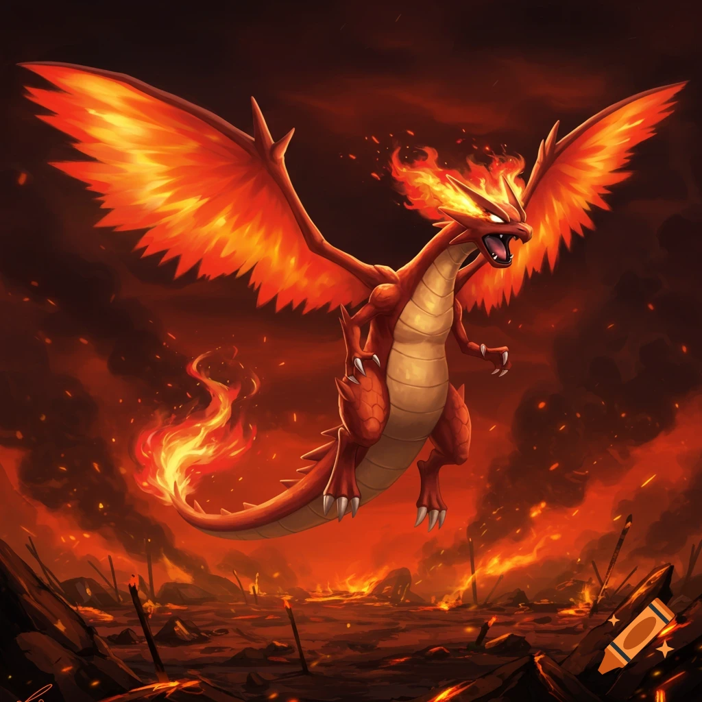 A fierce red dragon with fiery wings and breath flies above a burning ...