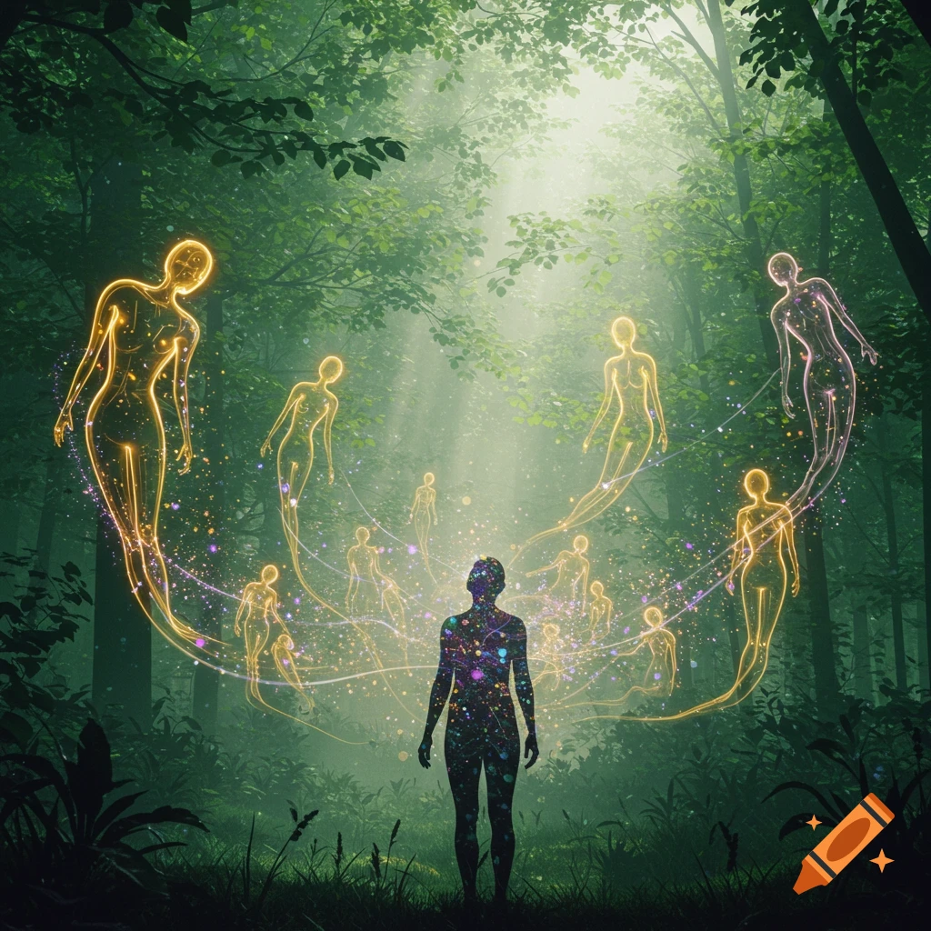 A silhouette stands in a sunlit forest, surrounded by multiple glowing ...