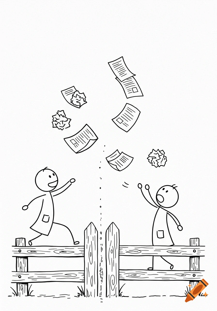 A cartoon drawing of two stick figures on either side of a fence, throwing papers at each other.