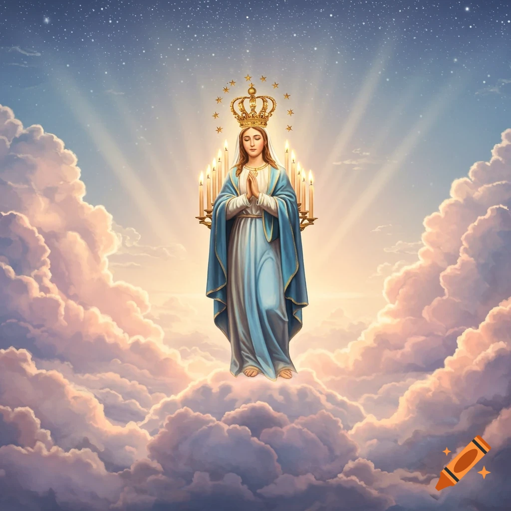 The Virgin Mary, crowned and surrounded by candles, stands on clouds in a radiant, starry sky.
