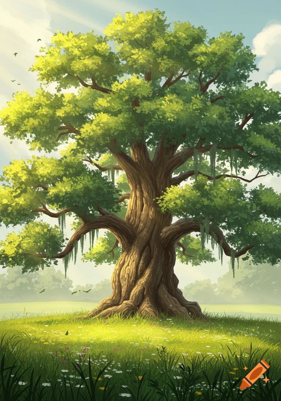 A large, stylized tree with a thick trunk and bright green leaves stands in a vibrant meadow with wildflowers under a clear sky.