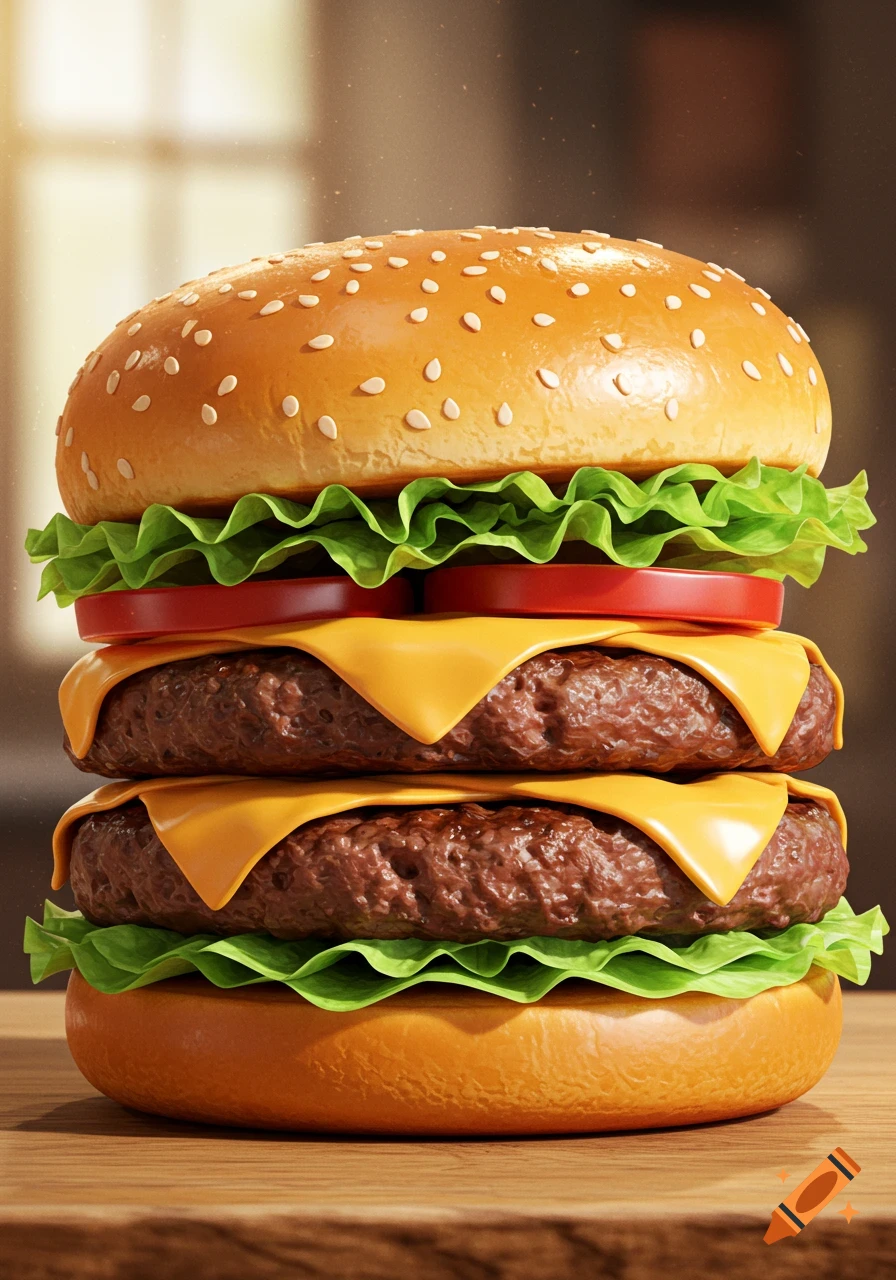 A photorealistic, stacked double cheeseburger with lettuce, tomato, and a sesame seed bun on a wooden table.