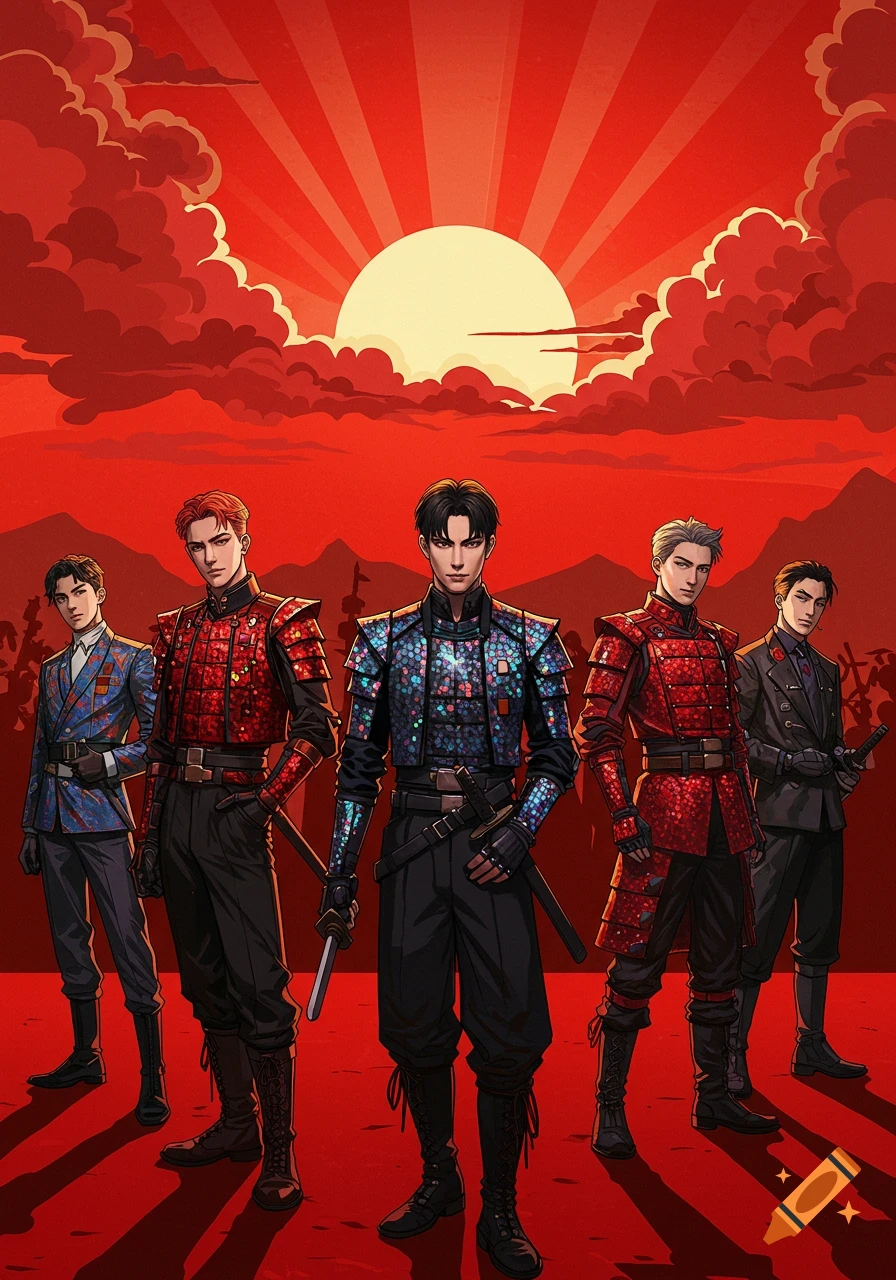 Five anime-style male Kpop demon hunters in ornate uniforms stand against a red rising sun propaganda backdrop.