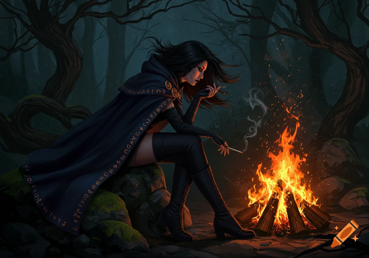 A dark-haired witch in a cloak with arcane symbols sits by a large bonfire in a shadowy forest, lighting a cigarette. Dark fantasy art style.
