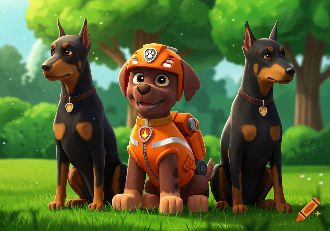 Cartoon Zuma from Paw Patrol sits between two Doberman dogs in a grassy park.